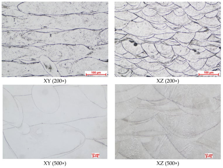 Optical micrographs of as-printed CoCrMo in the XY and XZ planes at 200 and 500 times
