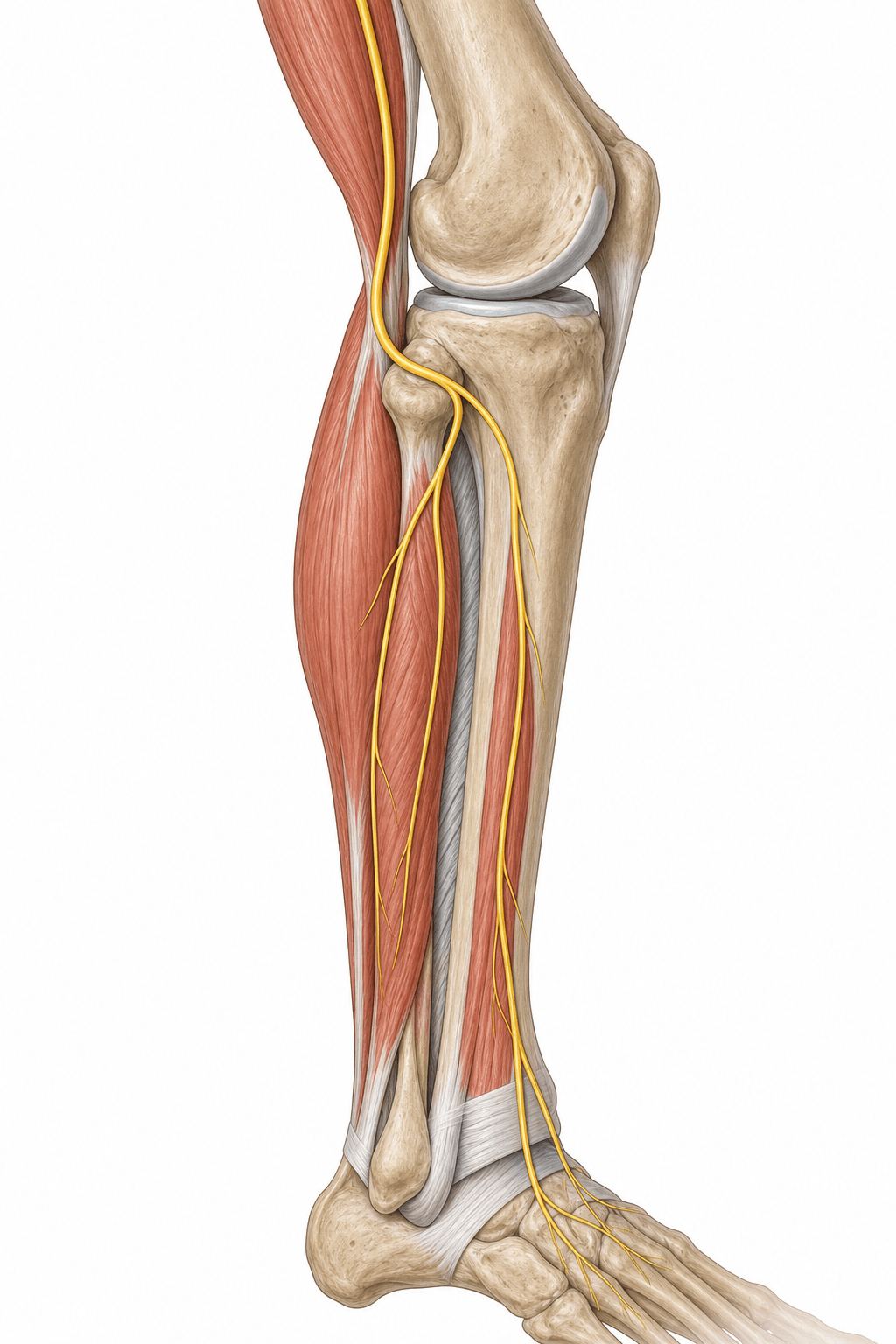 Lateral-leg anatomical illustration of the common peroneal nerve winding around the fibular neck and dividing into deep and superficial peroneal nerves.