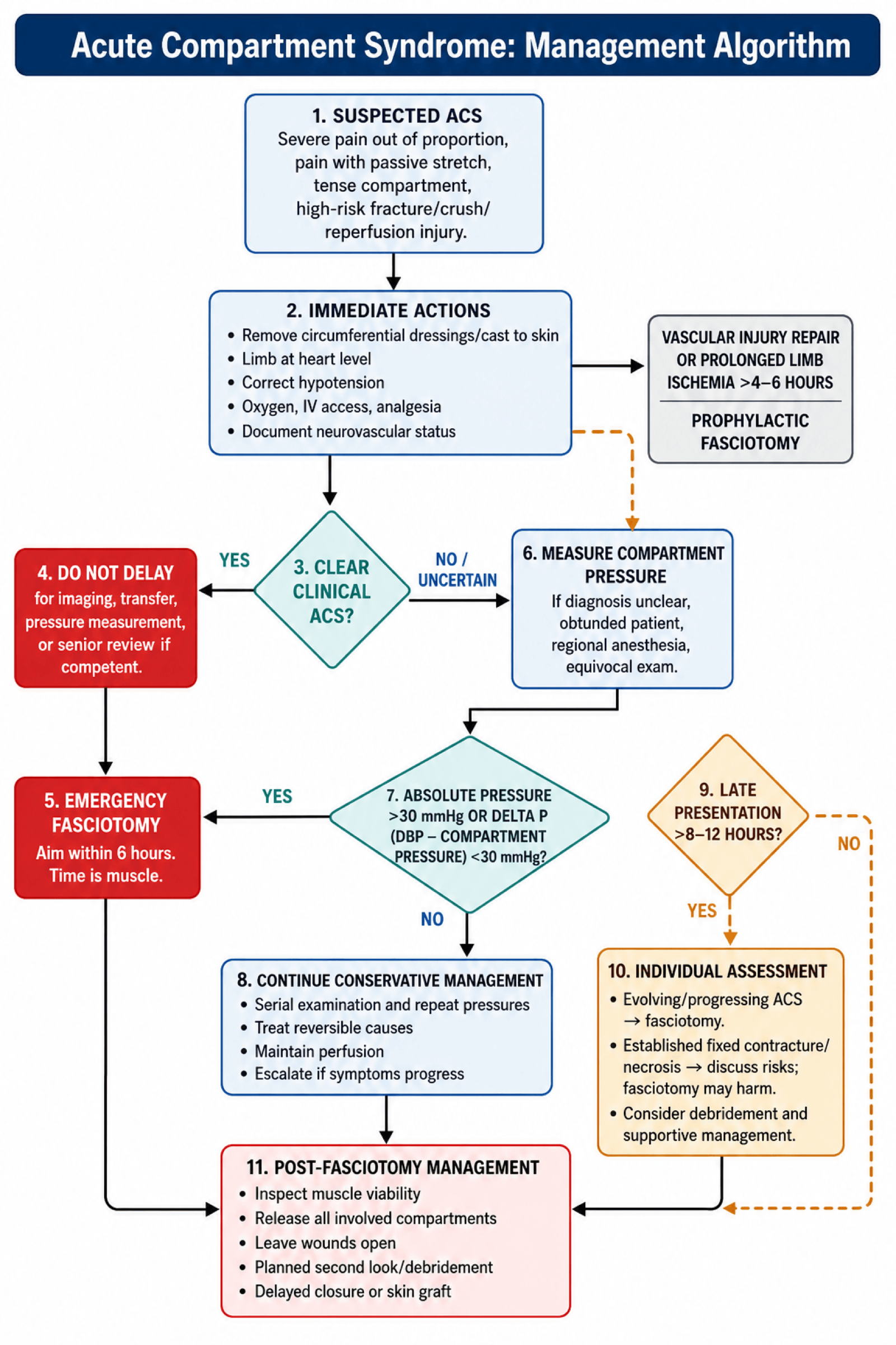Flowchart: acute compartment syndrome management algorithm.