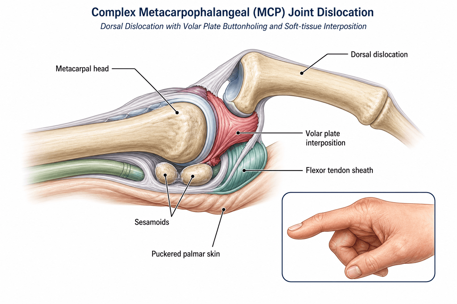 Complex (irreducible) MCP joint dislocation with volar plate interposition