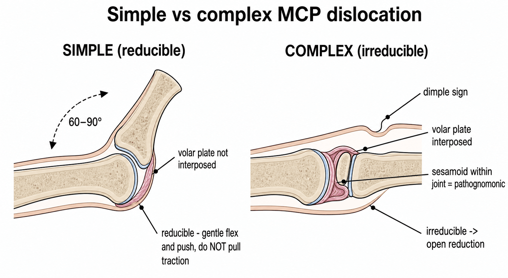 Side-by-side schematic of simple versus complex MCP dislocation showing volar plate position, phalanx angle and the intra-articular sesamoid sign