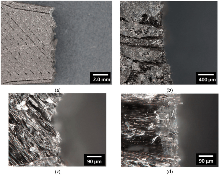 Optical and scanning electron micrographs of a carbon-fibre composite fracture surface showing fibre pull-out and interfacial debonding