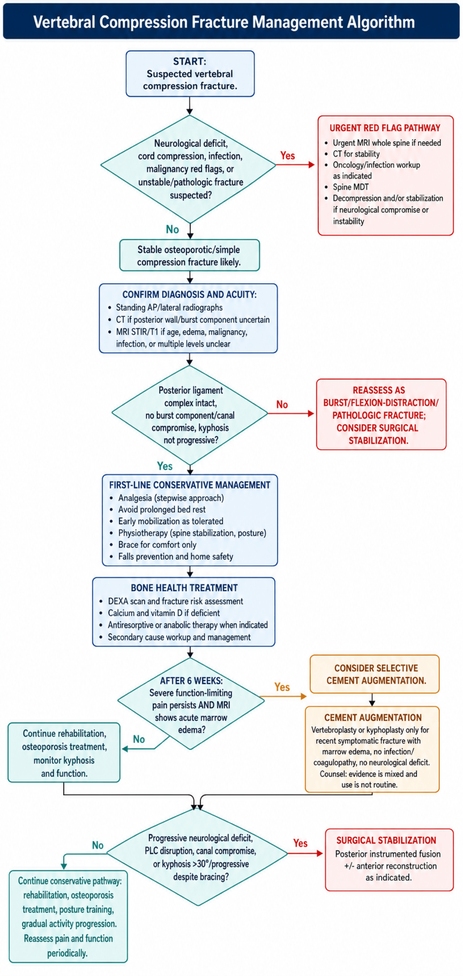 Flowchart for managing vertebral compression fractures from red-flag triage through conservative care to cement augmentation and surgery.