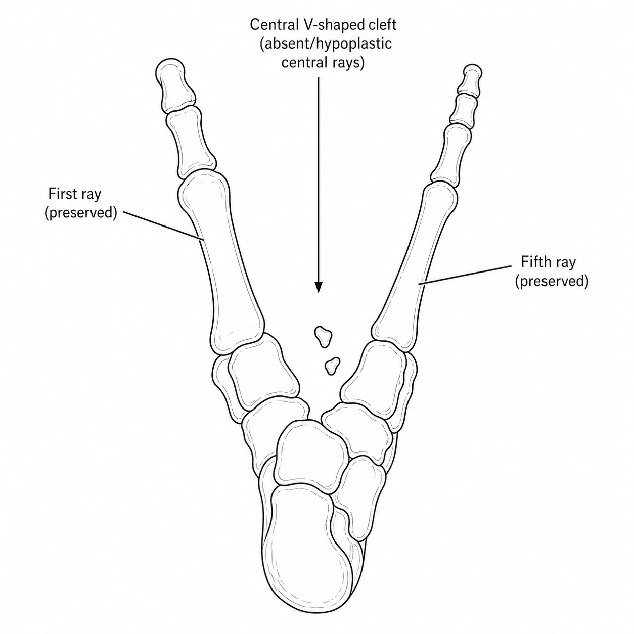 Diagram of a cleft foot showing preserved first and fifth rays with a central V-shaped cleft where the central rays are absent