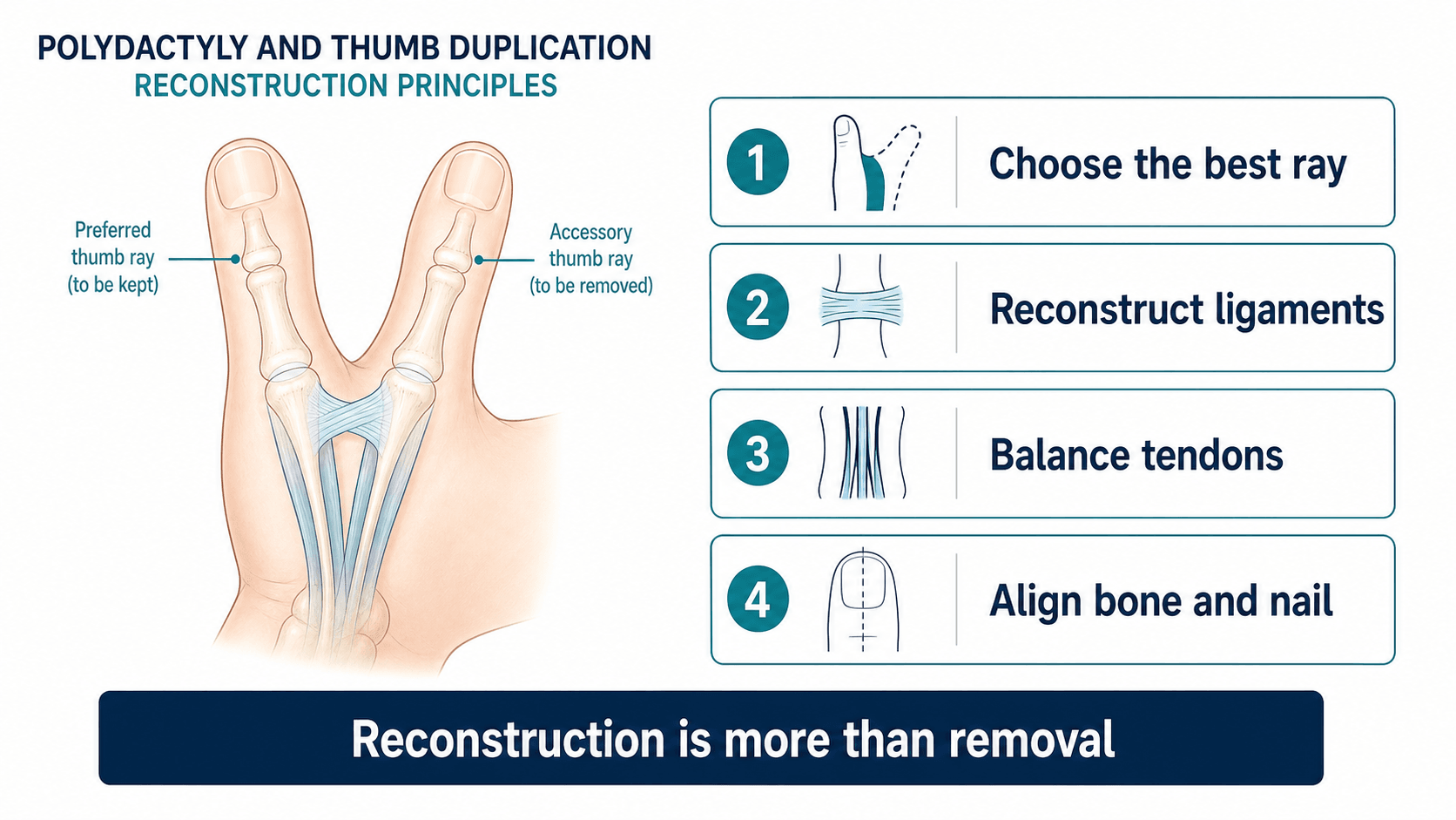 Polydactyly and thumb duplication reconstruction principles showing best ray selection, ligament reconstruction, tendon balance, and bone nail alignment