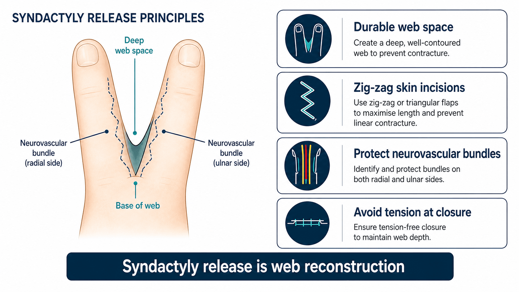 Syndactyly release principles showing durable web space, zig-zag skin incisions, neurovascular bundle protection and tension-free closure