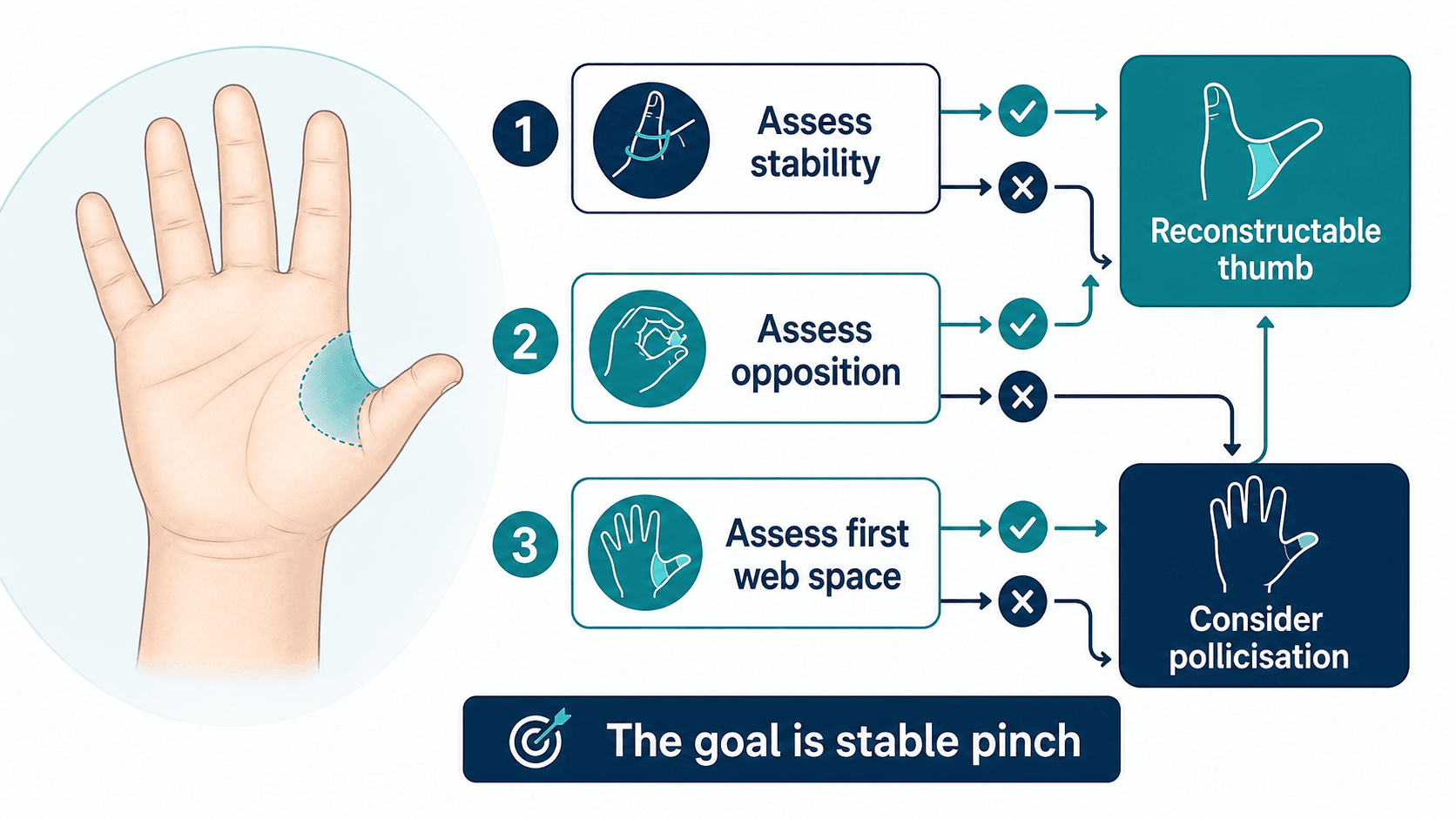 Thumb hypoplasia decision framework showing stability, opposition, first web space, reconstruction and pollicisation