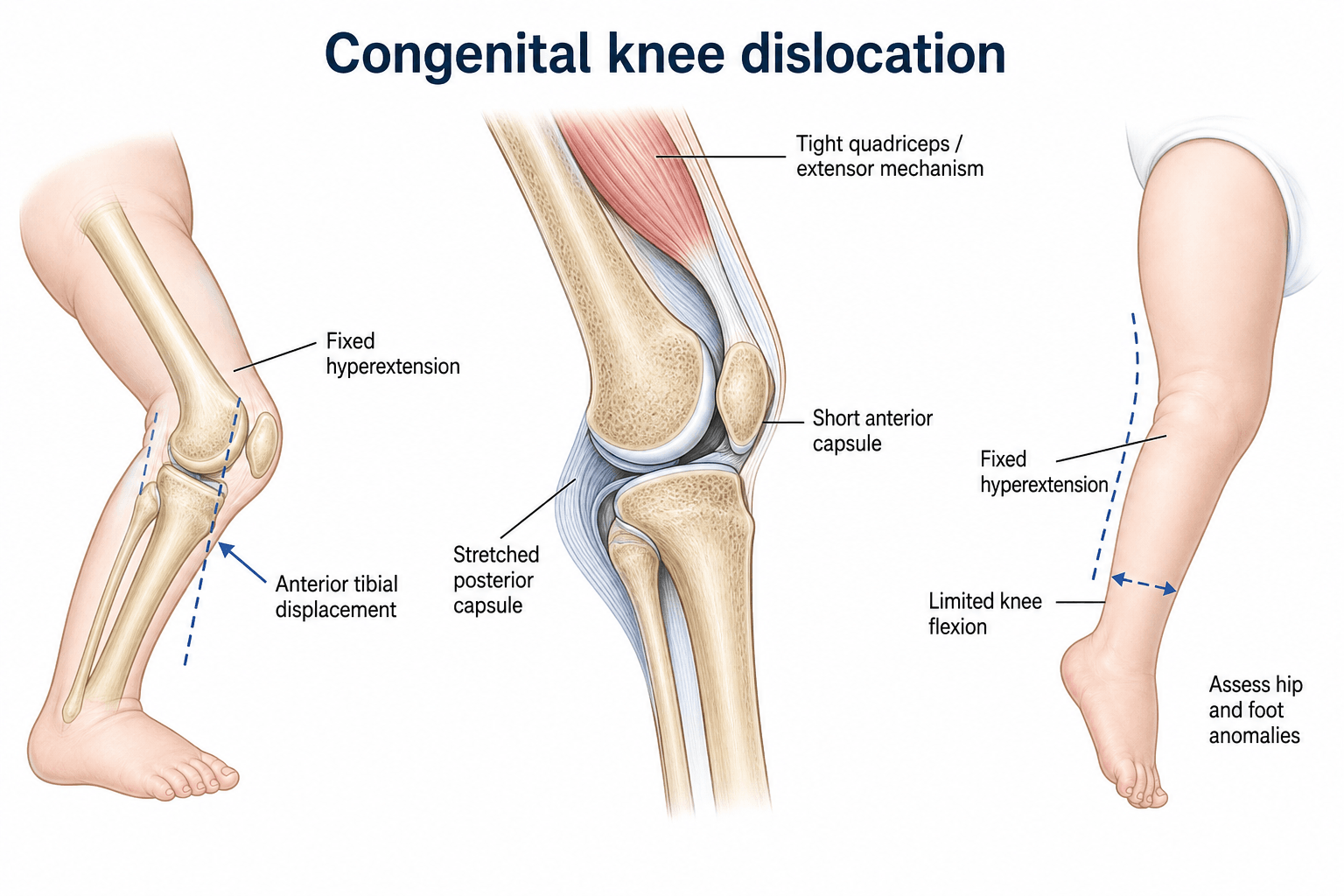 Congenital knee dislocation/hyperextension spectrum of anterior tibial displacement