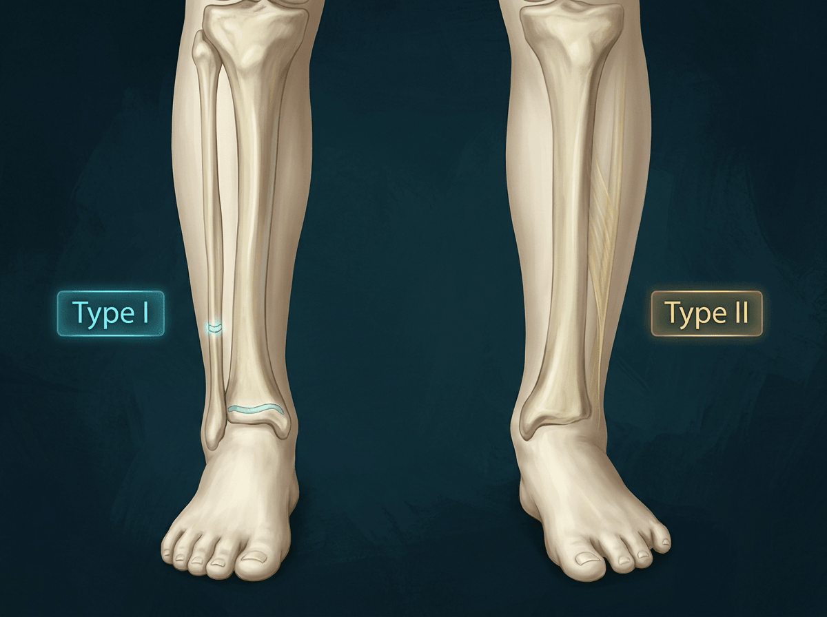 Two ivory legs: Type I hypoplastic fibula versus Type II complete fibular absence with a fibrous anlage and missing fifth ray.