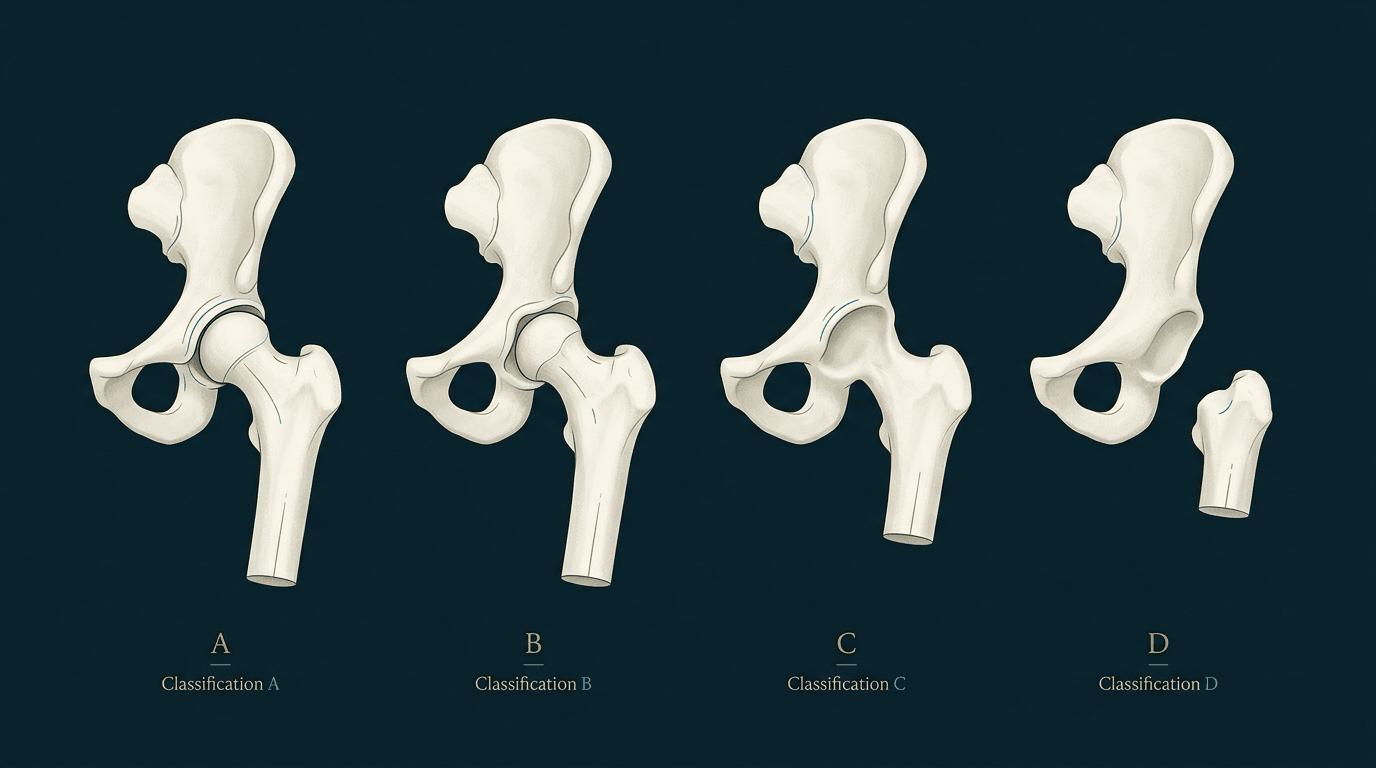 Four ivory proximal femurs labelled A through D showing progressive loss of femoral head and acetabulum in Aitken PFFD.
