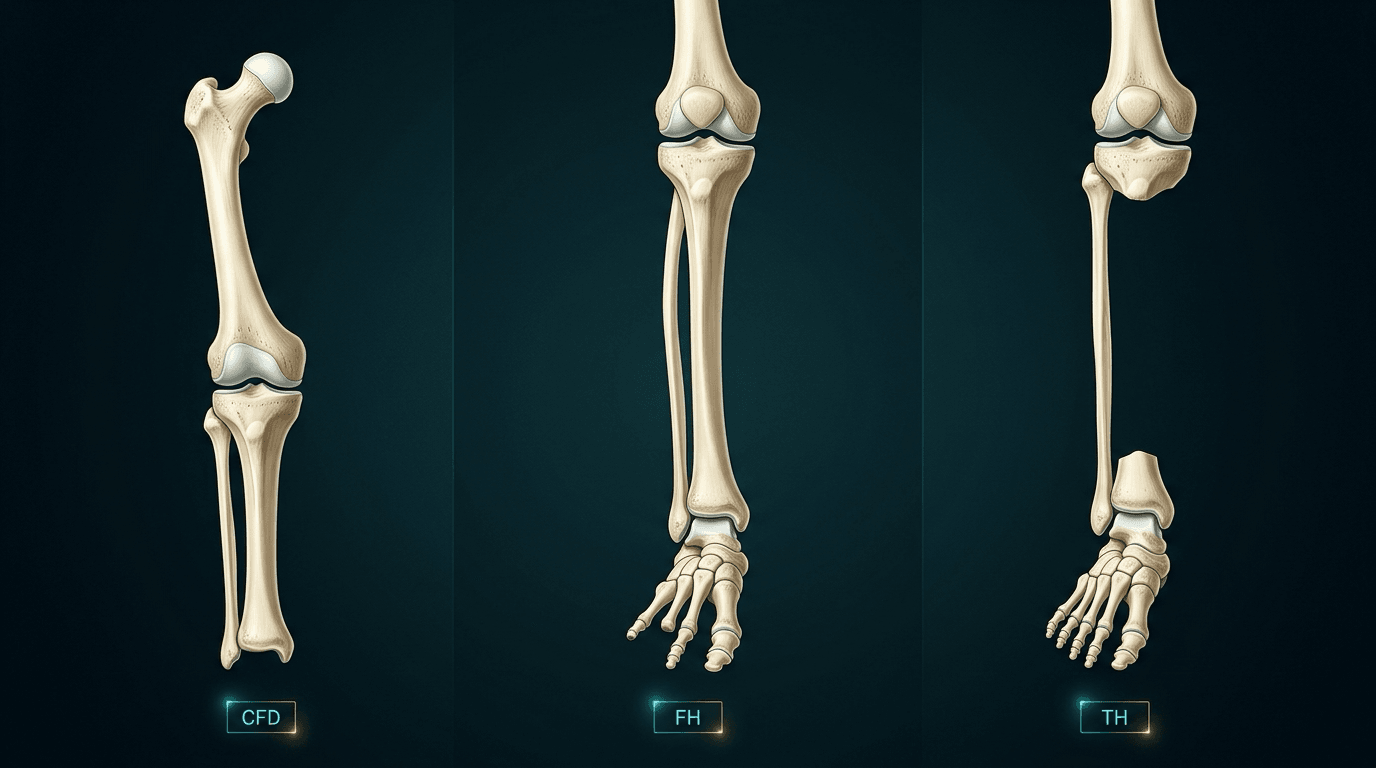 Three ivory lower limbs labelled CFD, FH and TH: short deficient proximal femur; absent fibula with missing lateral rays; absent tibia with a present fibula.