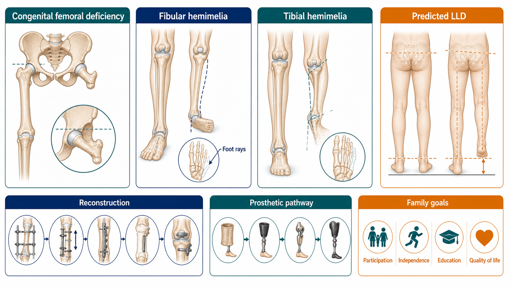 Congenital lower limb deficiency overview showing congenital femoral deficiency, fibular hemimelia, tibial hemimelia, predicted LLD, reconstruction, prosthetic pathway and family goals