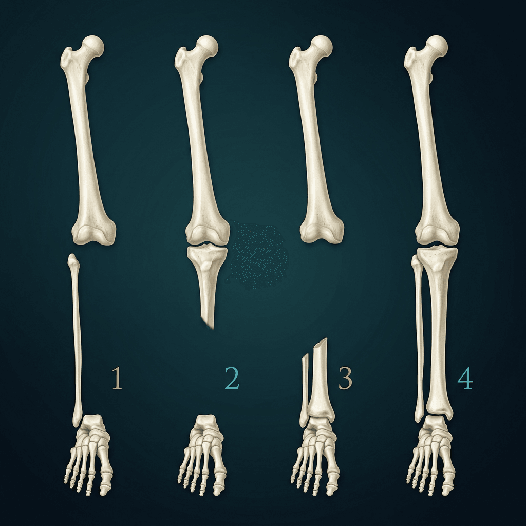 Four ivory legs labelled 1 to 4: complete tibial aplasia, distal tibial absence, proximal tibial absence, and short tibia with distal diastasis.