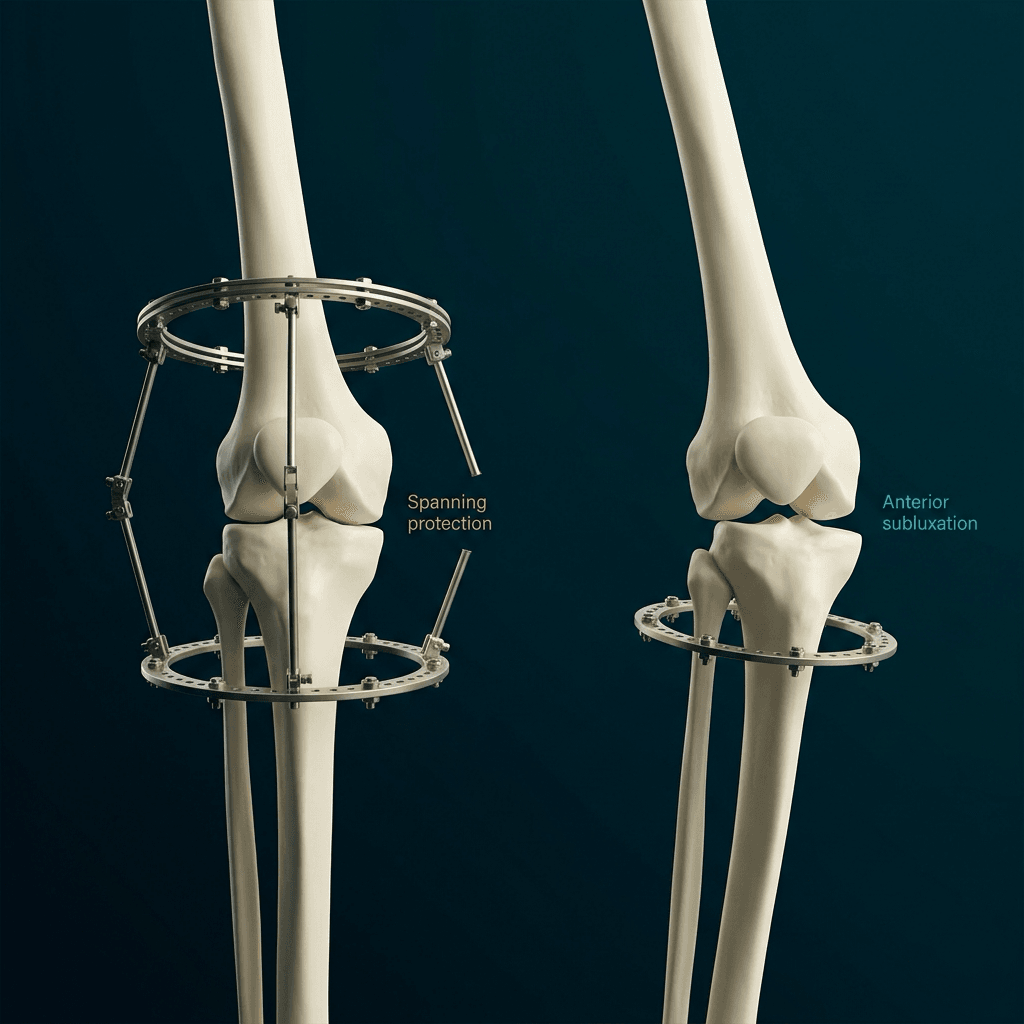 Two ivory limbs during tibial lengthening: a spanning femur-to-tibia ring frame keeping the knee reduced versus a tibial-only frame with anterior tibial subluxation.