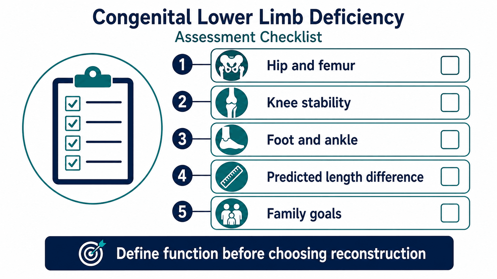 Congenital lower limb deficiency assessment checklist showing hip and femur, knee stability, foot and ankle, predicted length difference and family goals