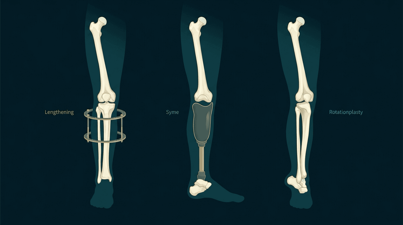 Three ivory limbs labelled Lengthening, Syme and Rotationplasty: a circular frame on the tibia, a prosthetic socket and pylon below the knee ending in a prosthetic foot, and a limb whose foot is turned to face backwards.