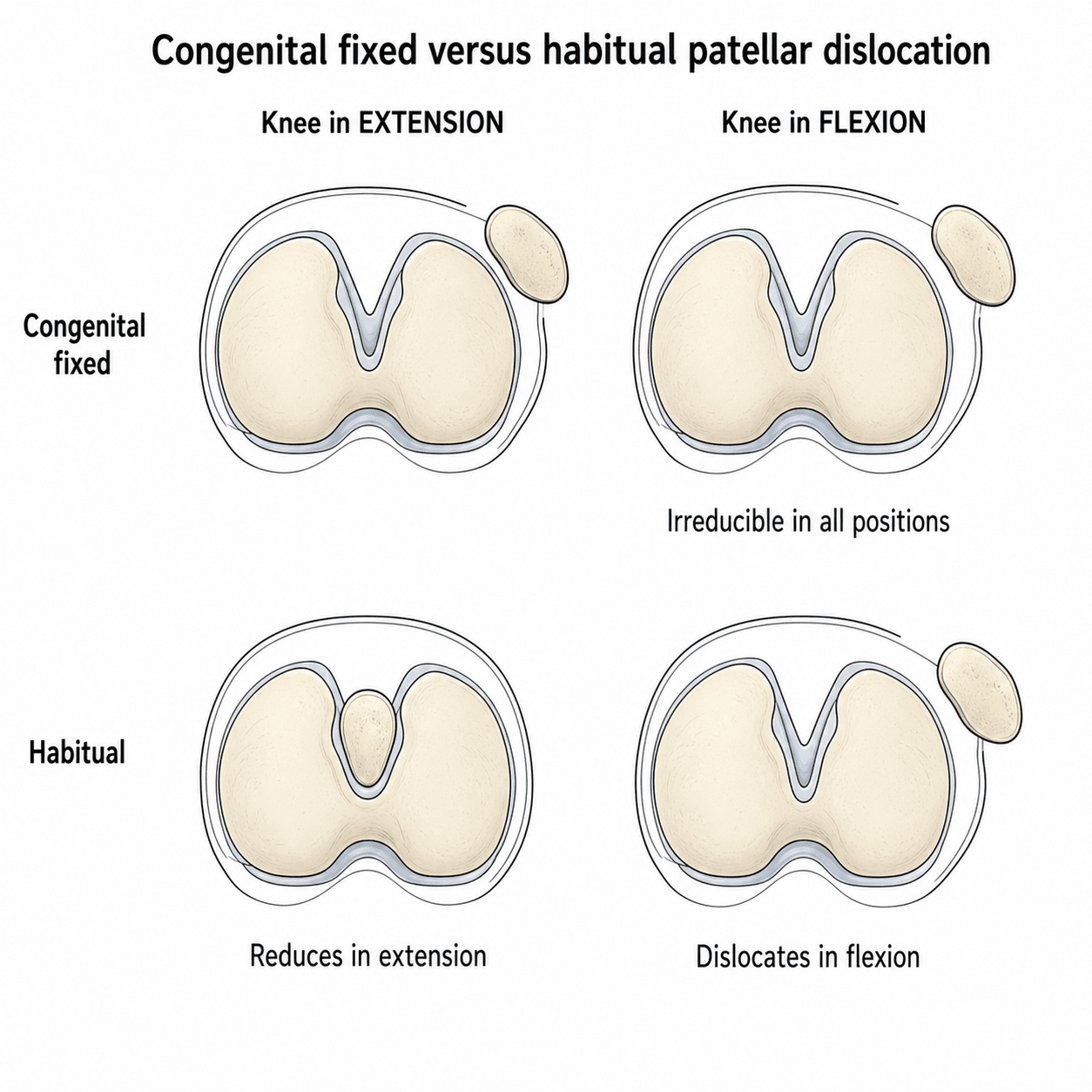 Two-by-two axial knee schematic contrasting congenital-fixed and habitual patellar dislocation in extension and flexion: congenital stays laterally dislocated in both, habitual reduces in extension and dislocates in flexion.