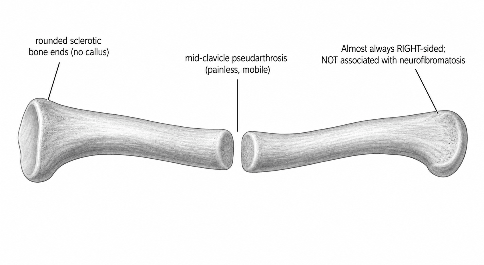 Illustration of congenital pseudarthrosis of the clavicle showing the mid-third defect with rounded sclerotic bone ends