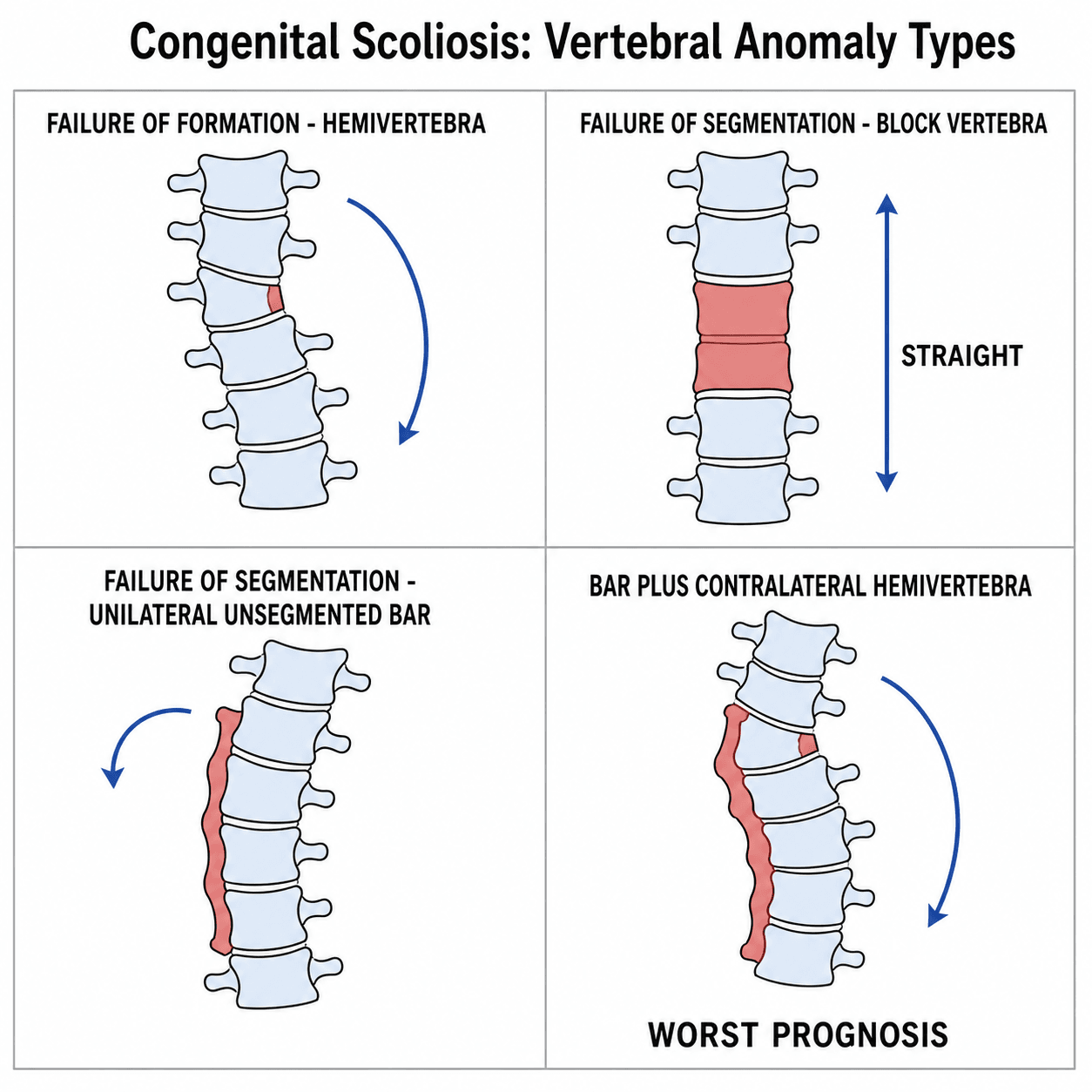 Four-panel schematic of congenital scoliosis vertebral anomaly types: failure of formation (hemivertebra), failure of segmentation (block vertebra and unilateral unsegmented bar), and bar plus contralateral hemivertebra (worst prognosis).
