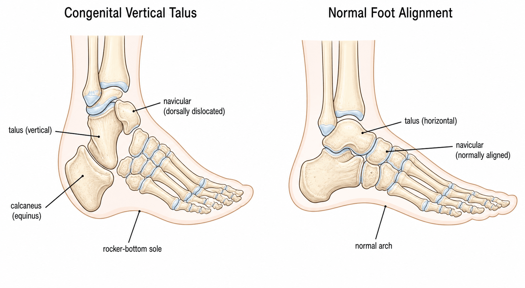 Sagittal schematic comparing congenital vertical talus (vertical talus, dorsally dislocated navicular, calcaneal equinus, rocker-bottom sole) with normal foot alignment