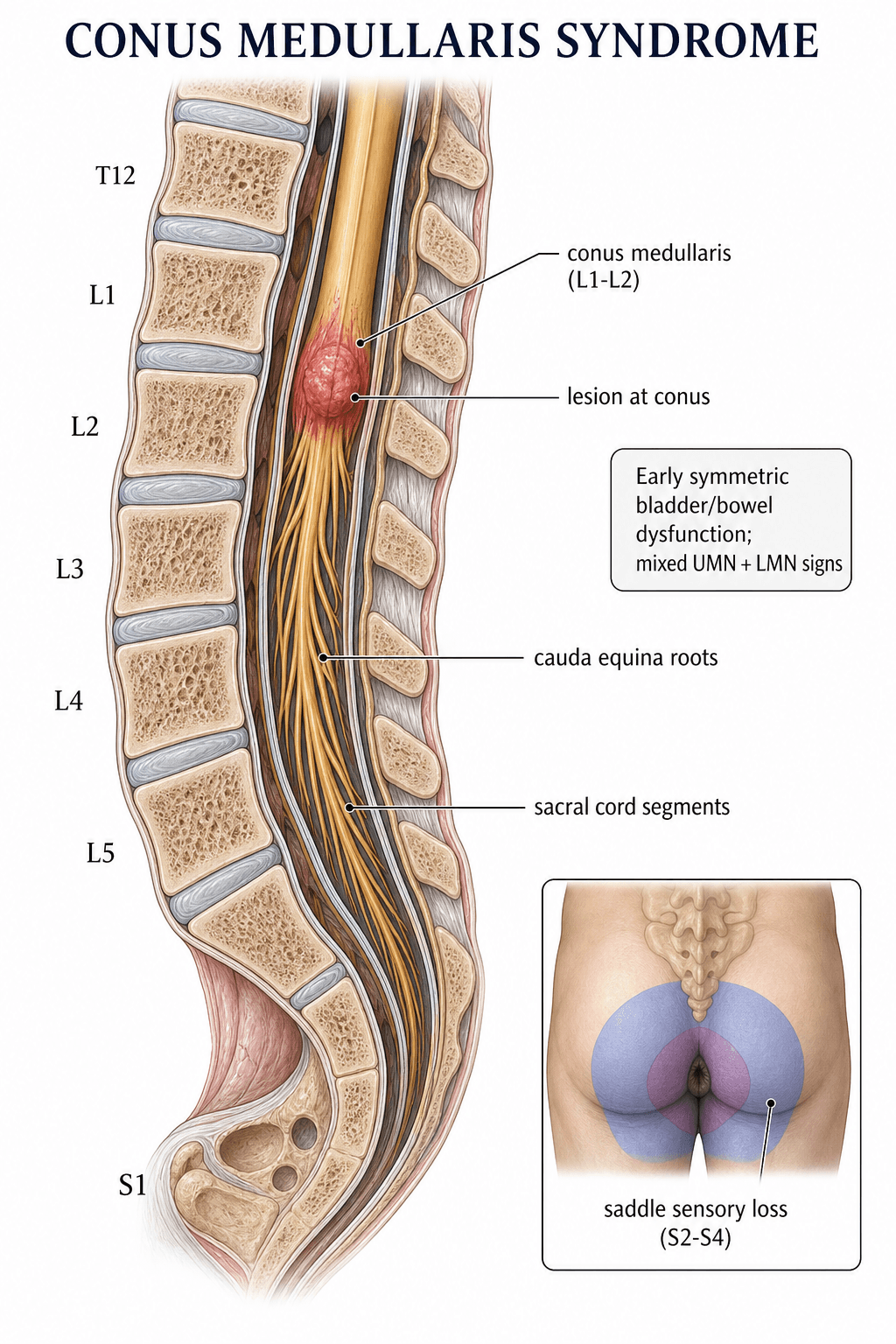 Conus medullaris syndrome: L1-L2 central lesion, early bowel/bladder, saddle anaesthesia, mixed UMN/LMN