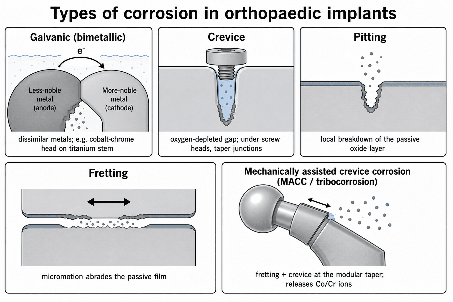 Diagram of the main types of corrosion affecting orthopaedic implants: galvanic, crevice, pitting, fretting and mechanically assisted crevice corrosion