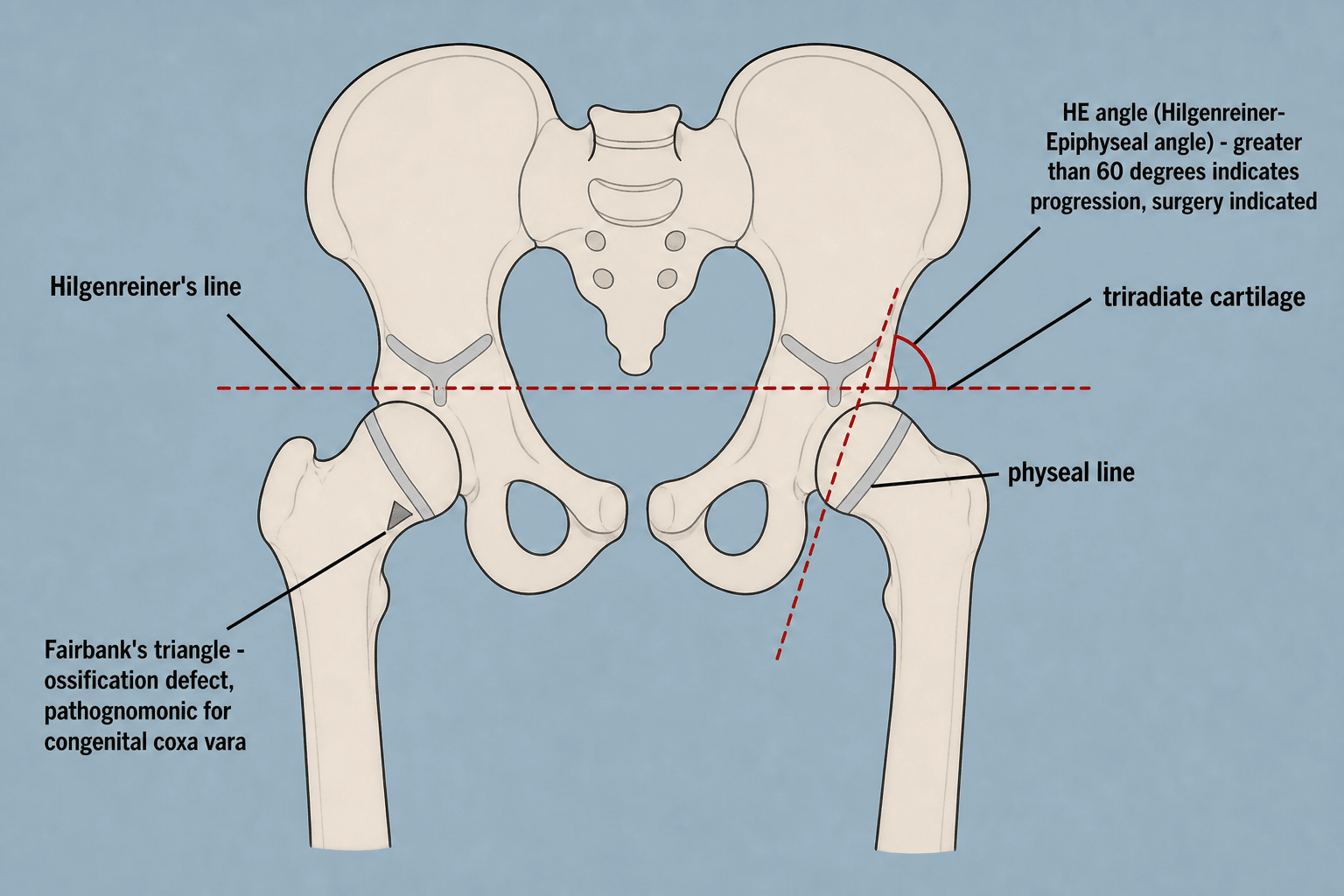 Schematic AP pelvis showing how to measure the Hilgenreiner-Epiphyseal angle and identify Fairbank's triangle