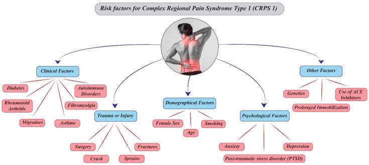 Diagram grouping clinical, injury, demographic and psychological risk factors associated with CRPS type 1