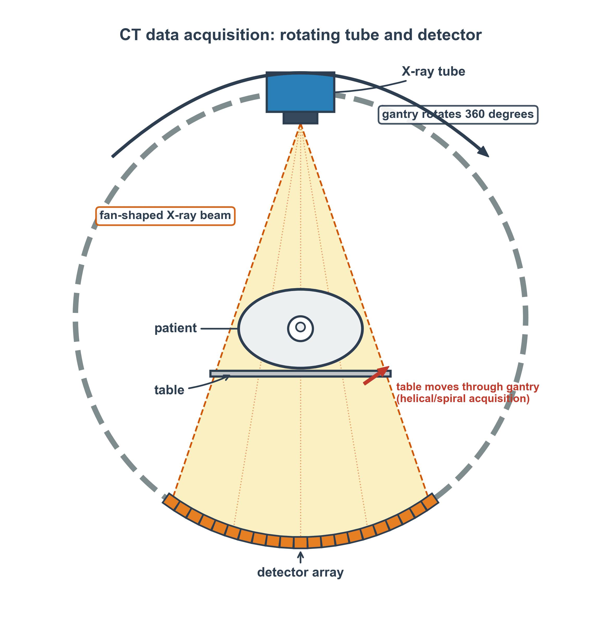 Schematic of CT data acquisition with a rotating X-ray tube and opposing detector array around the patient