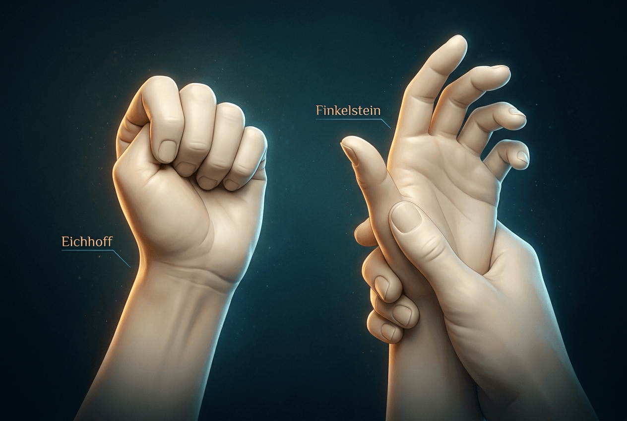 Two-panel illustration: left, labelled Eichhoff, a fist closed over the thumb; right, labelled Finkelstein, an examiner's hand grasping the patient's thumb with the fingers extended.