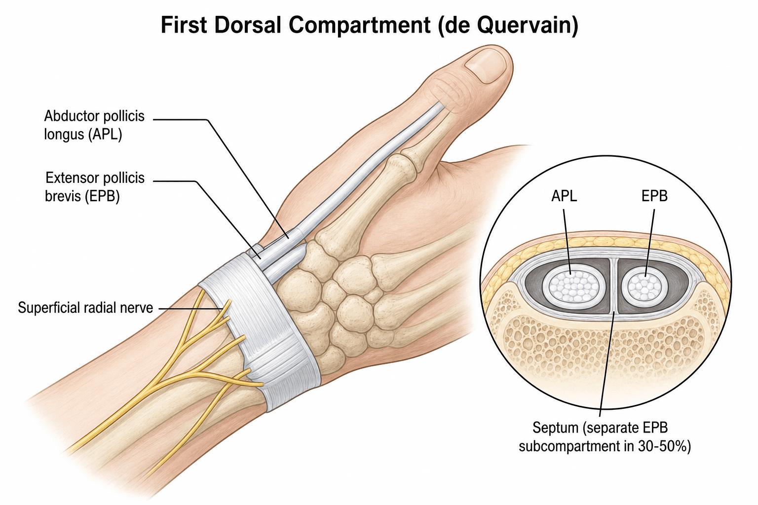 Anatomy of the first dorsal compartment of the wrist showing the APL and EPB tendons under the extensor retinaculum, the superficial radial nerve, and a cross-section with the EPB septum.