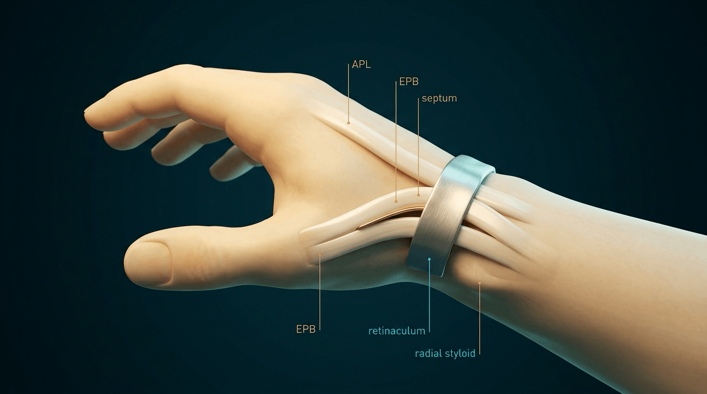 Illustration of the radial wrist with the abductor pollicis longus and extensor pollicis brevis tendons passing beneath a labelled retinaculum at the radial styloid, with a septum labelled between them.