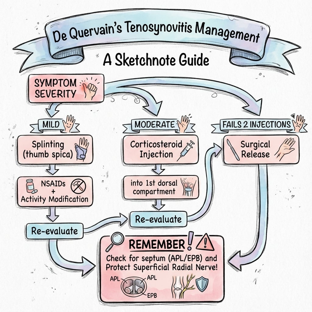 De Quervain tenosynovitis management algorithm flowchart