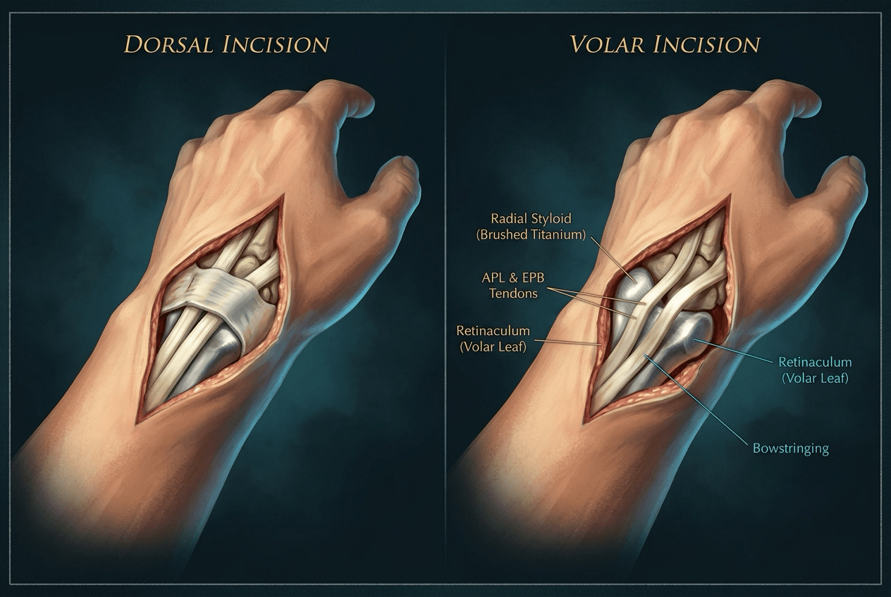 Two-panel illustration titled Dorsal Incision and Volar Incision: on the left the APL and EPB tendons sit beneath a retained band of retinaculum; on the right, labelled bowstringing, the tendons lift away from the radial styloid.
