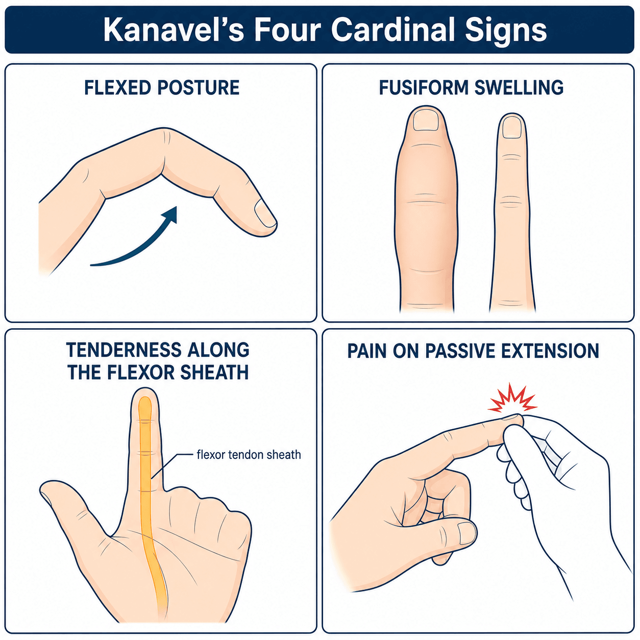 Illustrated schematic of Kanavel's four cardinal signs of pyogenic flexor tenosynovitis: flexed posture, fusiform swelling, tenderness along the flexor sheath, and pain on passive extension