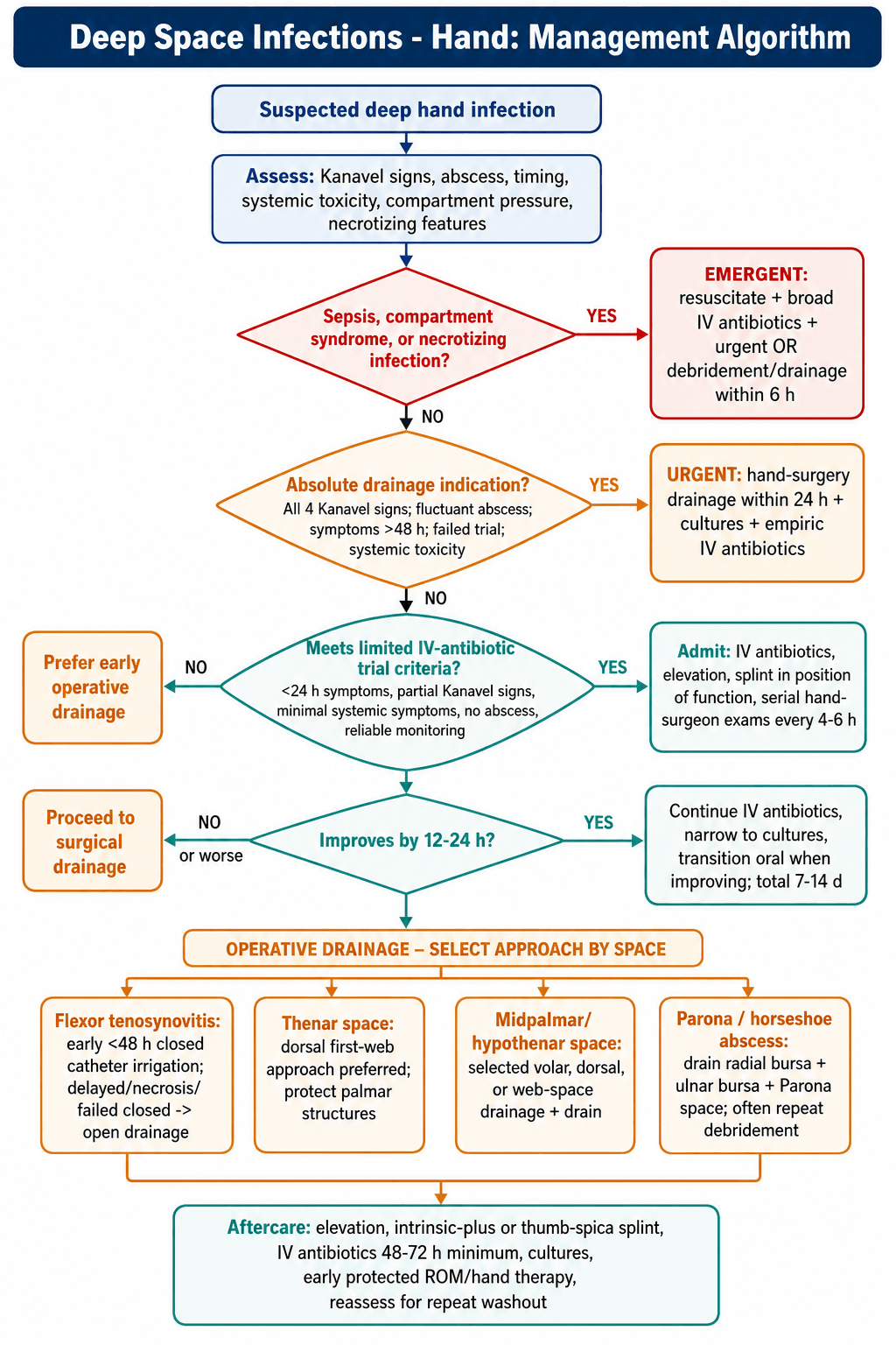 Management algorithm flowchart for deep space infections of the hand