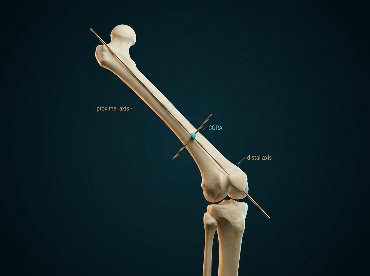 Angulated ivory femur with proximal and distal gold axis lines, each labelled, crossing at a cyan bead labelled CORA.