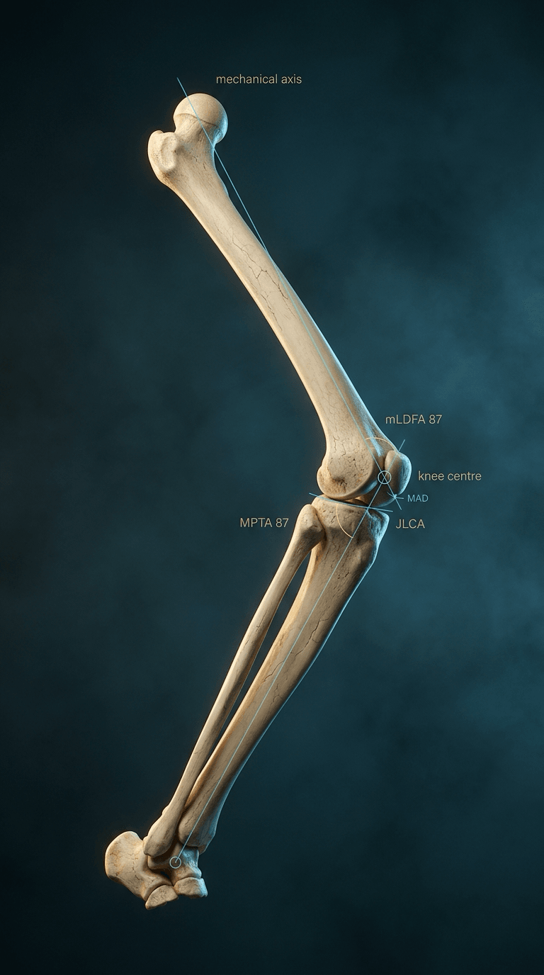 Ivory lower limb with a cyan hip-to-ankle line labelled mechanical axis, a circle labelled knee centre, and labels for MAD, mLDFA 87, MPTA 87 and JLCA at the knee.