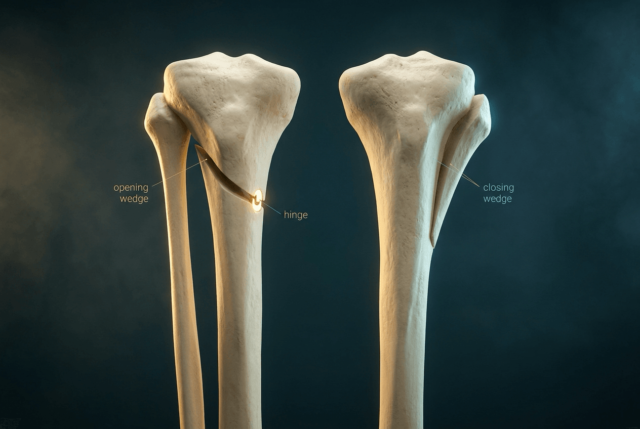 Two ivory proximal tibiae with fibulae: on the left an opening-wedge cut opened into a gap with the far cortex labelled hinge, on the right a wedge-shaped defect labelled closing wedge cut from the opposite cortex.