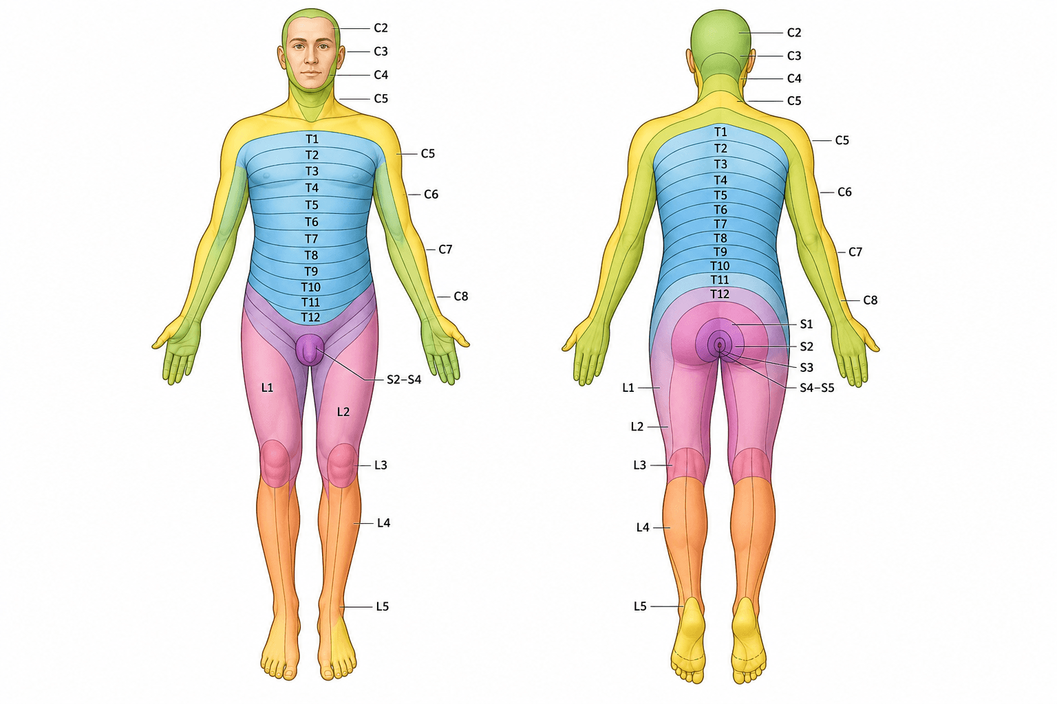 Whole-body dermatome map showing the segmental cutaneous fields from cervical to sacral levels on the front and back.