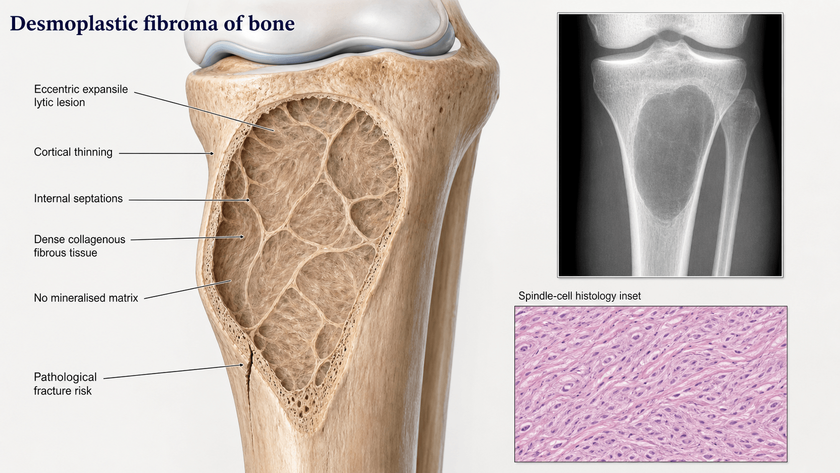 Desmoplastic fibroma of bone: benign but locally aggressive expansile lytic lesion with septations