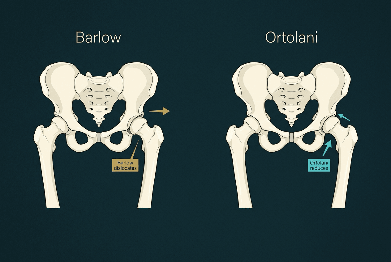 Two illustrated infant pelves seen from the front, titled Barlow and Ortolani, with an arrow pushing the femoral head out of the socket in the first and arrows bringing it back in the second.
