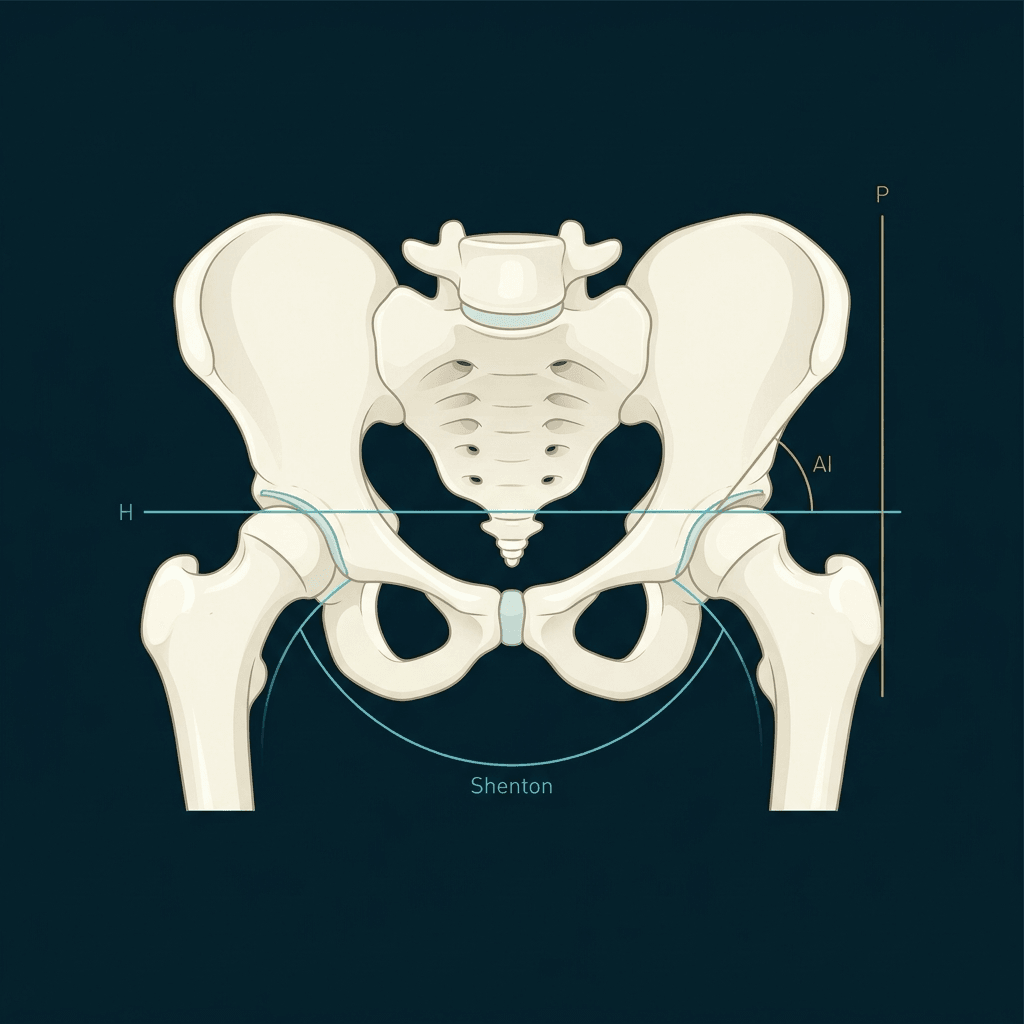 Illustrated infant pelvis seen from the front with the Hilgenreiner line (H), Perkin line (P), acetabular index (AI) and Shenton line labelled.
