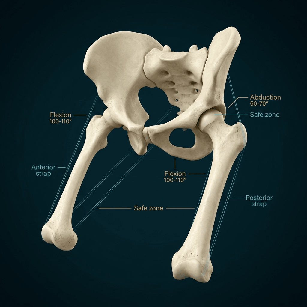 Illustrated infant pelvis and femurs in the Pavlik position, labelled flexion 100-110 degrees, abduction 50-70 degrees, safe zone, anterior strap and posterior strap, with no child drawn.