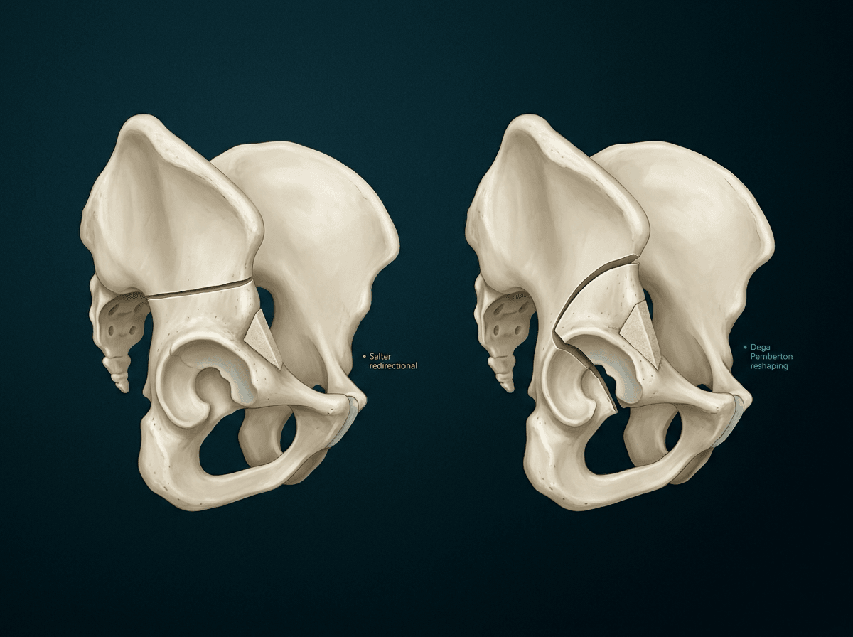Two illustrated child hemipelves: a complete transverse iliac cut with a triangular graft labelled Salter redirectional, and a curved incomplete cut above the acetabulum with a graft labelled Dega Pemberton reshaping.