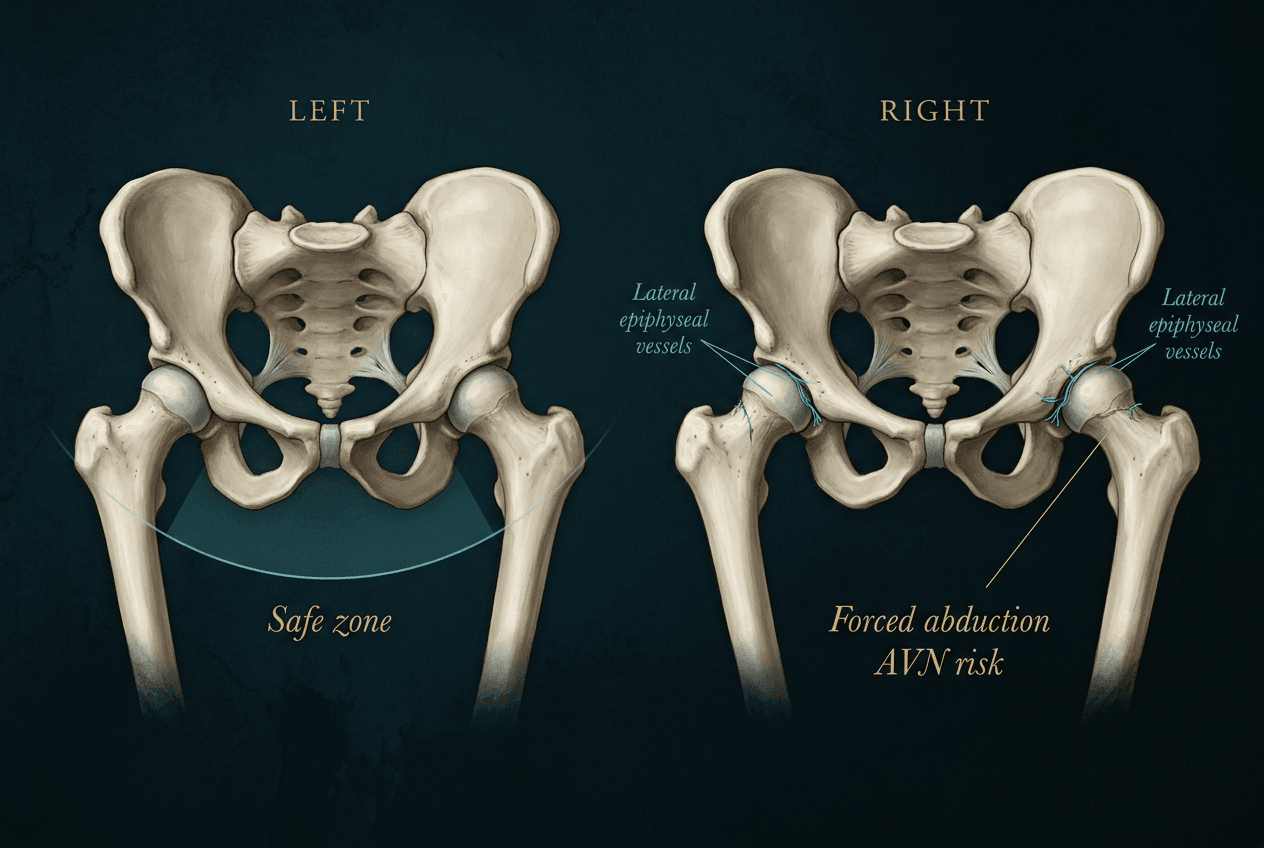 Two illustrated infant pelves: the first with the femurs seated and a shaded arc labelled safe zone, the second in forced abduction with the lateral epiphyseal vessels drawn and labelled AVN risk.