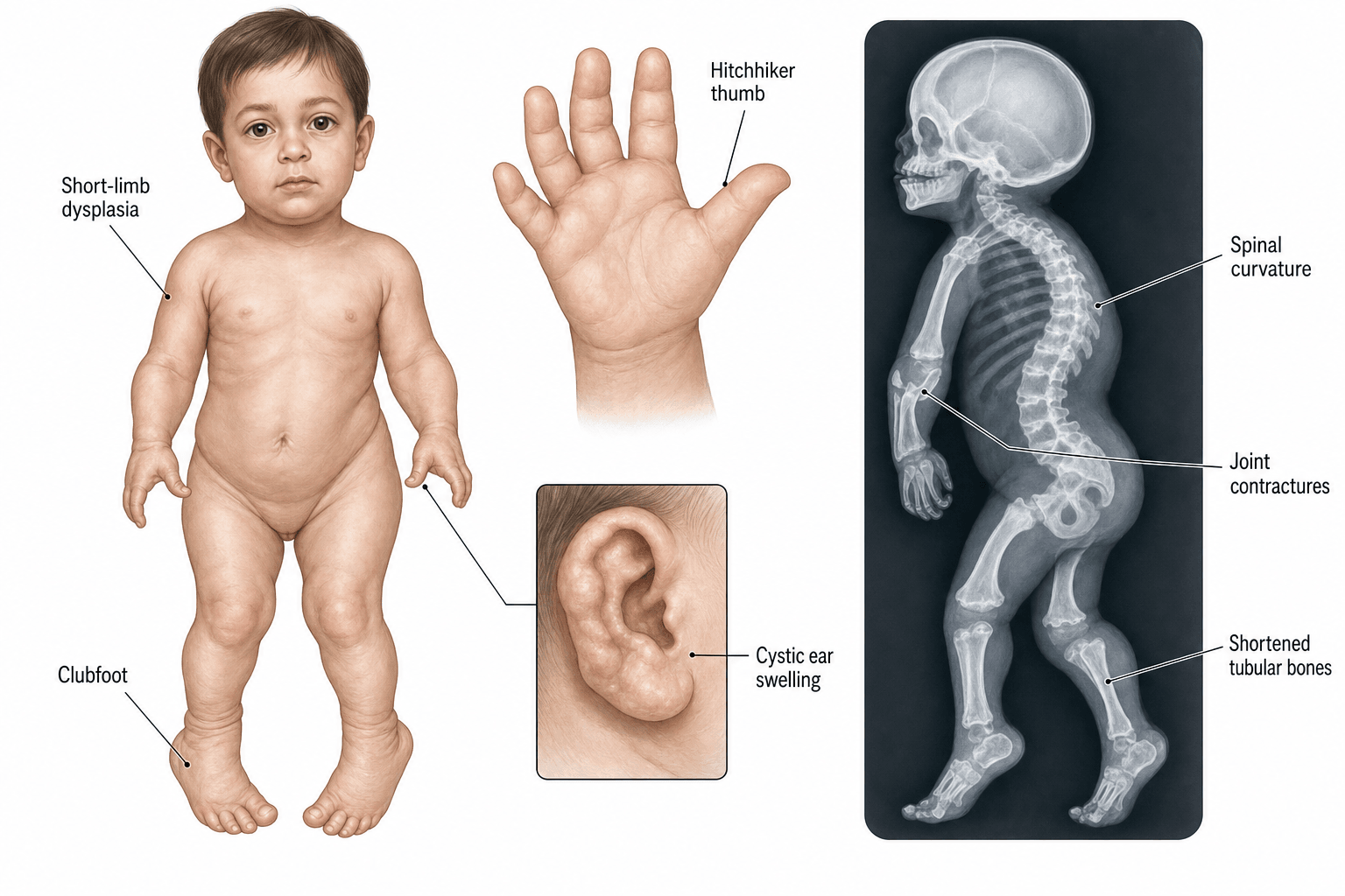 Diastrophic dysplasia: short-limbed dwarfism, hitchhiker thumb, rigid clubfoot, cystic ear swelling, joint contractures