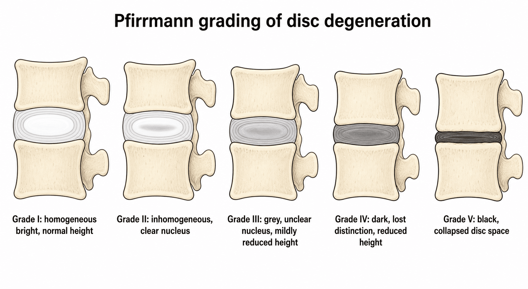 Schematic of the Pfirrmann grades I to V of lumbar disc degeneration.
