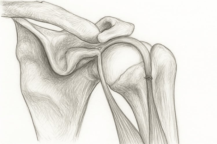 Anatomical illustration of biceps brachii muscle origins and distal insertion