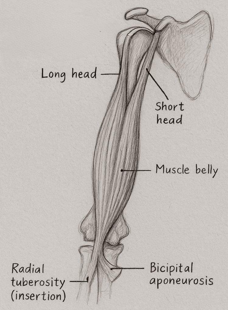Anatomical illustration of biceps brachii muscle belly and bicipital aponeurosis